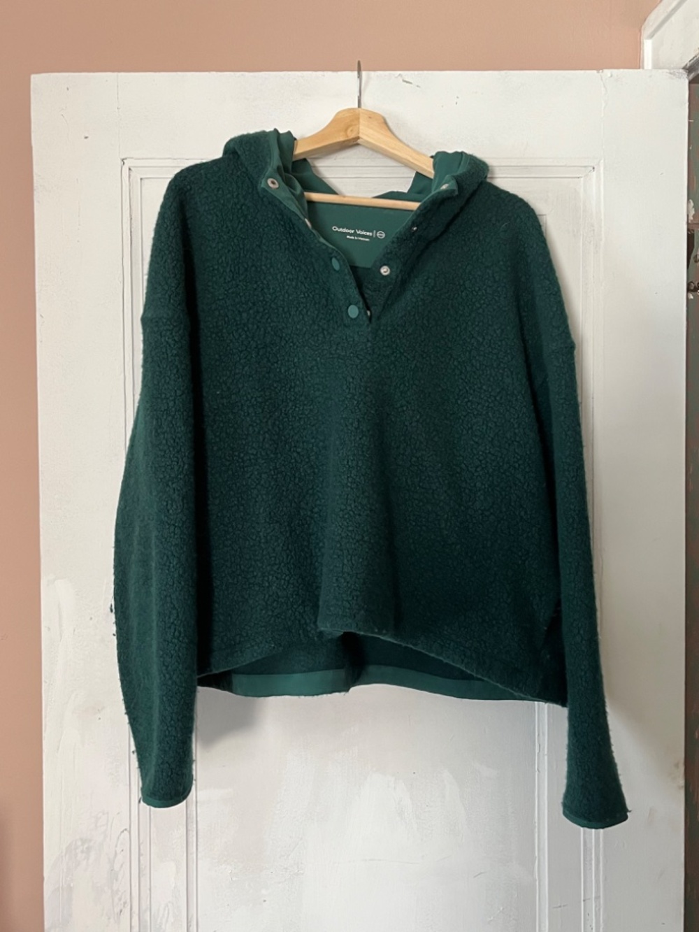 Outdoor Voices Wool Fleece 3X Hooded Pullover Sweatshirt Green Cropped